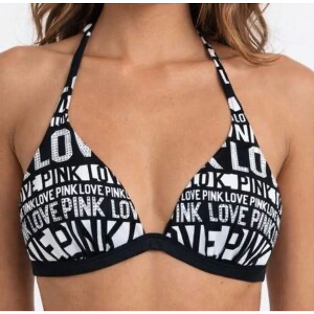 Victoria's Secret PINK Large Triangle Halter Bikini Top Black & White Rhinestone